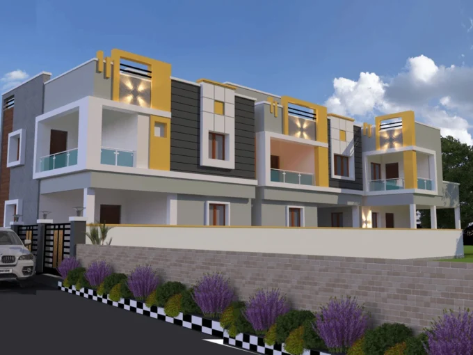 Project Details for 3 BHK Villas in Vengaivasal, Chennai: Villa A, Villa B, and Villa C. Villa A - 3 BHK, G+1 structure, land area of 1120 sq.ft., built-up area of 1660 sq.ft., east-facing, water storage capacity includes 8000L septic tank, 3500L sump, 1000L overhead tank, bore depth of 250 ft, priced at ₹1.20 Cr*. Villa B - 3 BHK, G+1 structure, land area of 1120 sq.ft., built-up area of 1660 sq.ft., east-facing, similar water storage capacities, bore depth of 250 ft, priced at ₹1.15 Cr*. Villa C - 3 BHK, G+1 structure, land area of 1120 sq.ft., built-up area of 1502 sq.ft., east-facing, similar water storage capacities, bore depth of 250 ft, priced at ₹1.10 Cr*. Luxurious homes designed for modern living with excellent connectivity and premium amenities.